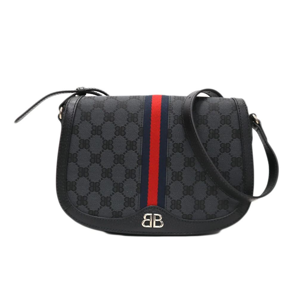 Gucci Balenciaga The Hacker Shoulder Bag Crossbody Canvas Leather Black Sherry